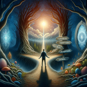 DALL·E 2024-01-29 20.02.01 - A visual representation of inner growth and embracing vulnerabilities, depicting a person at a metaphorical crossroads in a mystical forest. The indiv