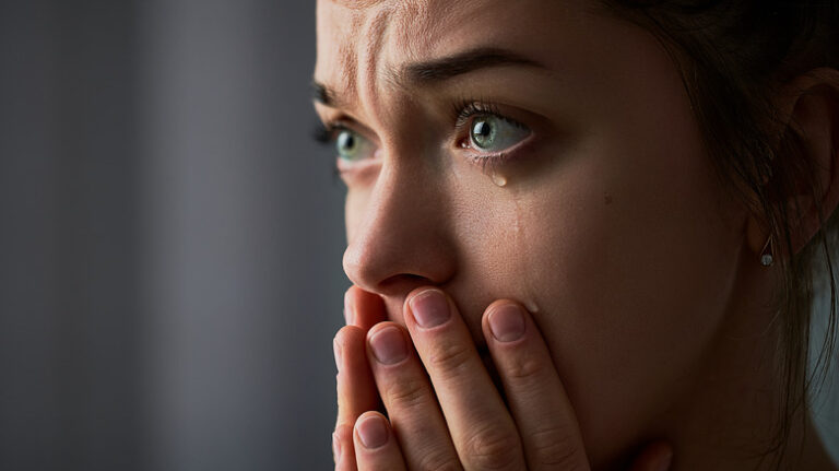 Sad,Desperate,Grieving,Crying,Woman,With,Folded,Hands,And,Tears